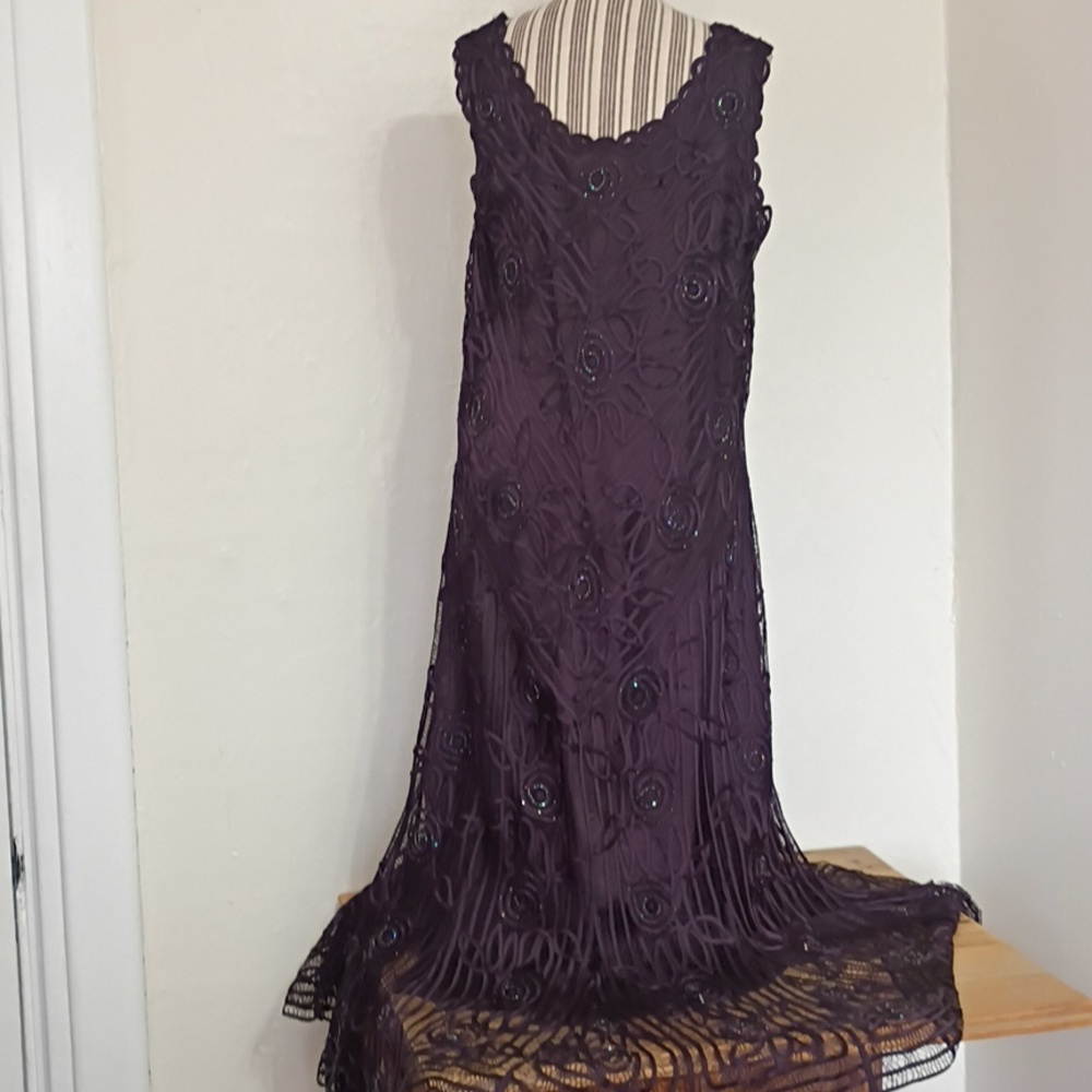SOULMATES Vintage 2 PC Purple 100% Silk Soutache Beaded Formal Gown w Jacket 2x - Picture 9 of 16